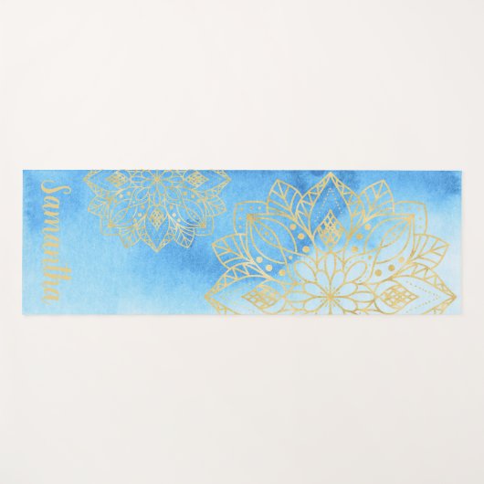 アクア絞り染めと金ゴールドマンダラフラワーズ名前をカスタムする ヨガマット (正面(横))
