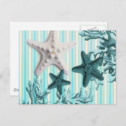 アクア航海のストライプブルーのヒトデ ポストカード (正面/裏面)