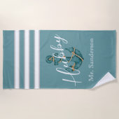 アクア航海のティール(緑がかった色)ブルーいかりハビーハネムーン ビーチタオル (正面)