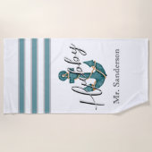 アクア航海のティール(緑がかった色)ブルーnホワイトフローラいかり ビーチタオル (正面)