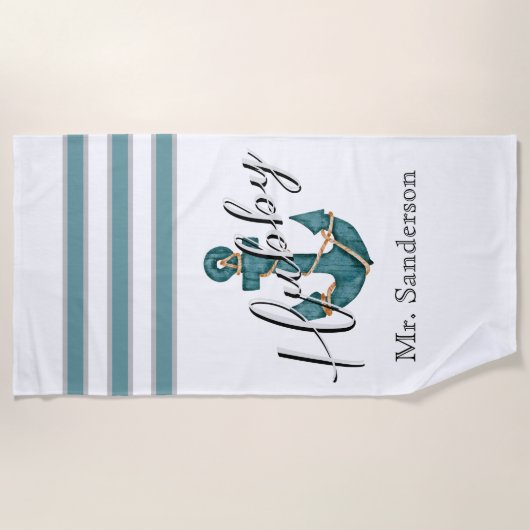 アクア航海のティール(緑がかった色)ブルーnホワイトフローラいかり ビーチタオル (正面)