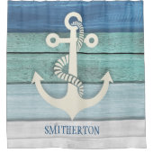 アクア航海のブルーホワイト動揺してウッドいかり シャワーカーテン (正面)