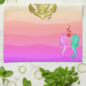 アクア航海の・ピンクキスをする・シーホース・ハート風呂 キッチンタオル (折り畳み)