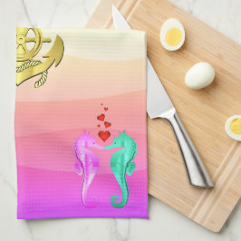 アクア航海の・ピンクキスをする・シーホース・ハート風呂 キッチンタオル