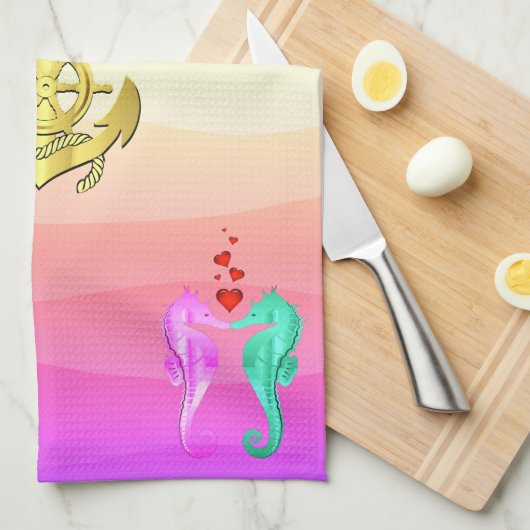 アクア航海の・ピンクキスをする・シーホース・ハート風呂 キッチンタオル (四つ折り)