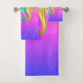 アクア航海の/ピンク/ブルー/金ゴールドシーホースビーチタオル バスタオルセット