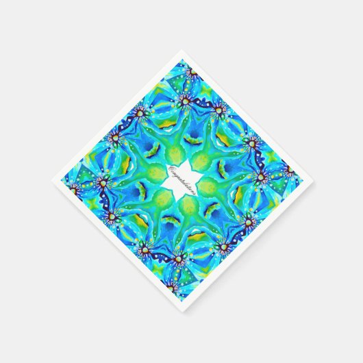 アクア芸術的カラーのシックなマンダラアートワーク スタンダードカクテルナプキン (角)