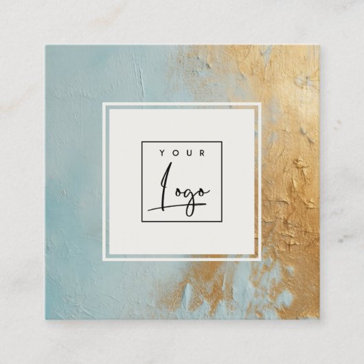 アクア芸術的ブルー金ゴールド油絵を描テクスチャロゴ スクエア名刺 (正面)