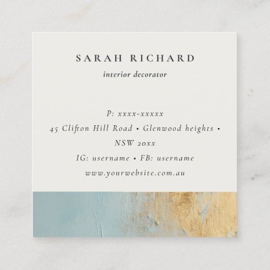 アクア芸術的ブルー金ゴールド油絵を描テクスチャロゴ スクエア名刺 (裏面)