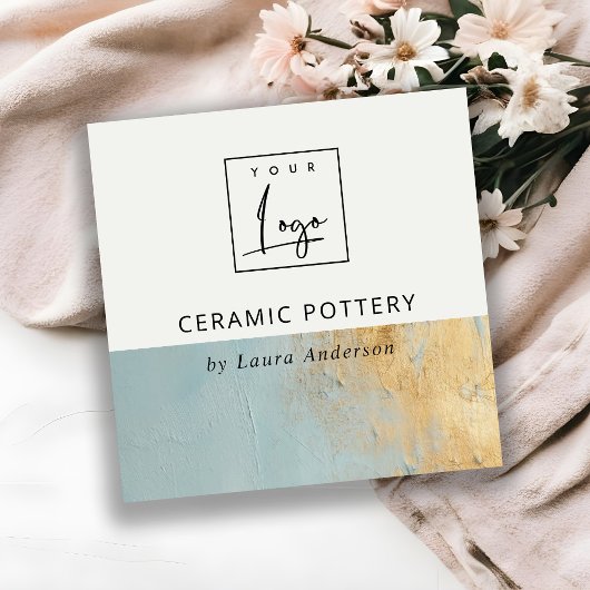 アクア芸術的ブルー金ゴールド油絵を描テクスチャロゴ スクエア名刺