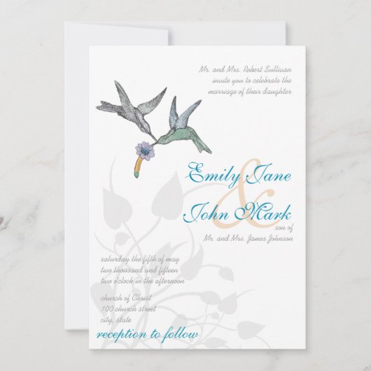 アクア薄紫コーラルハミングバード結婚式招待状 招待状 (正面)