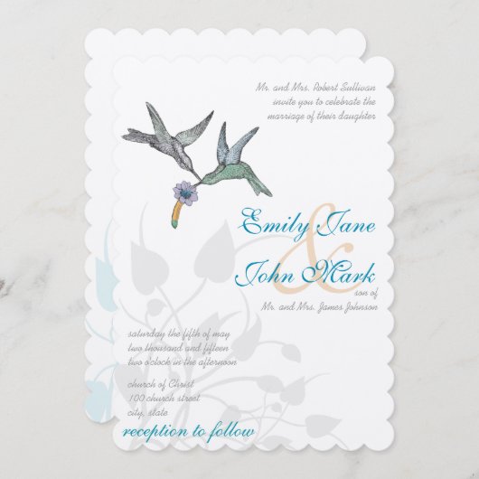 アクア薄紫コーラルハミングバード結婚式招待状 招待状 (正面/裏面)