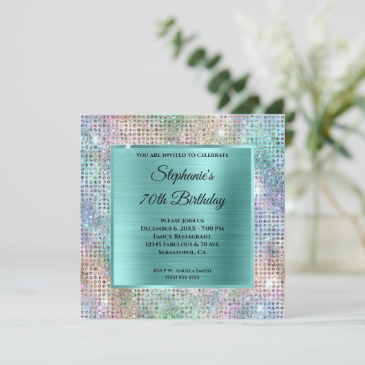 アクア虹色ダイヤモンドスタッズフォイル70誕生日 招待状 (スタンド正面)