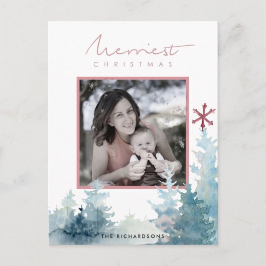 アクア赤面松の木の雪のオーバーレイ写真クリスマス ポストカード (正面)