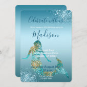 アクア金ゴールドグラデーショングリッタースパークルマーメイド招待状 招待状 (正面/裏面)