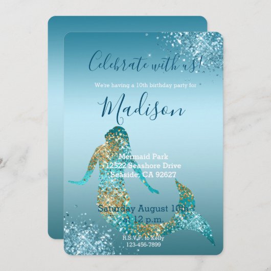 アクア金ゴールドグラデーショングリッタースパークルマーメイド招待状 招待状 (正面/裏面)