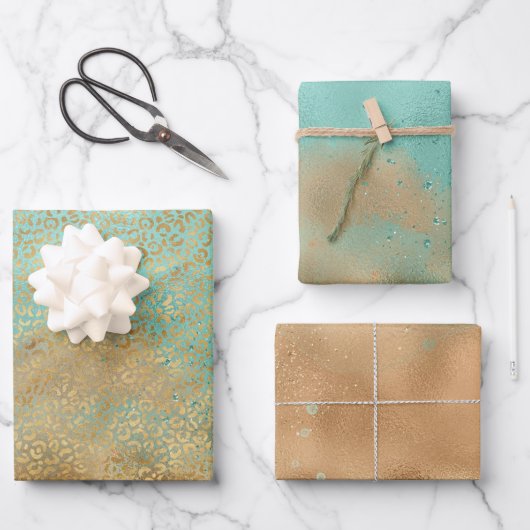 アクア金ゴールドグリジースパークルグリッターレオパード ラッピングペーパーシート (正面)