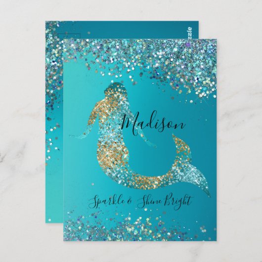 アクア金ゴールドグリッタースパークルマーメイド ポストカード (正面/裏面)