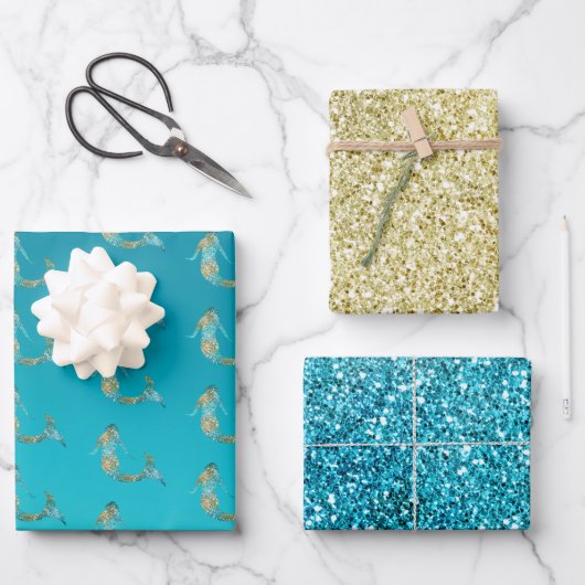 アクア金ゴールドグリッタースパークルマーメイド ラッピングペーパーシート (正面)