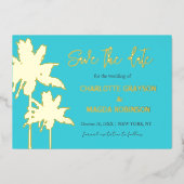 アクア金ゴールドパームツリーウェディング日付を保存 箔招待状 (正面)