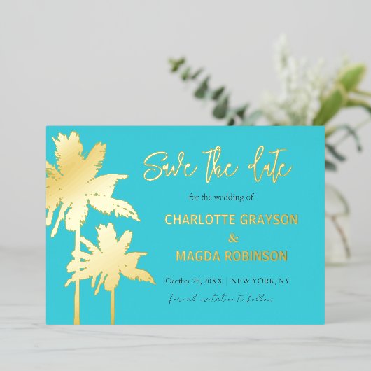 アクア金ゴールドパームツリーウェディング日付を保存 箔招待状 (立ち正面)