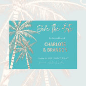 アクア金ゴールドパームツリーズビーチ結婚式日付を保存 箔招待状