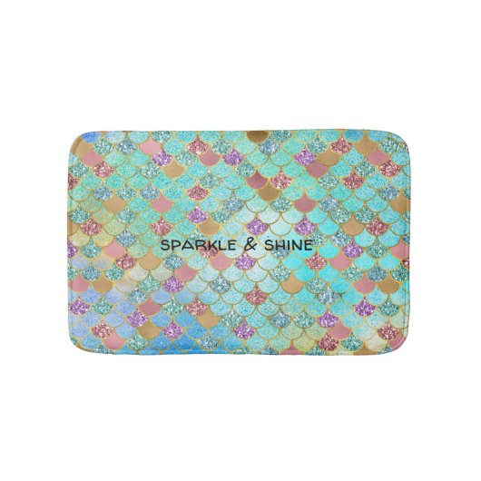 アクア金ゴールドピンクグリジーマーメイドグリッター バスマット (正面)