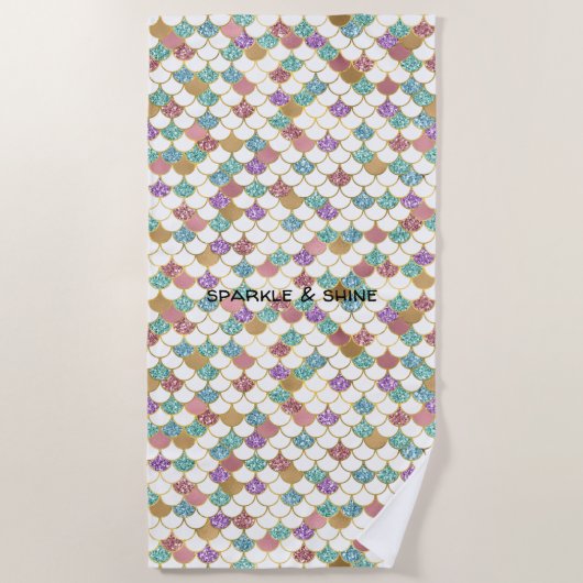 アクア金ゴールドピンクグリジーマーメイドグリッター ビーチタオル (正面)