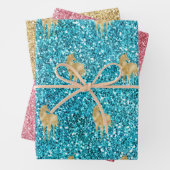 アクア金ゴールドピンクグリッターグラムユニコーンスパークル ラッピングペーパーシート (インサイチュ)