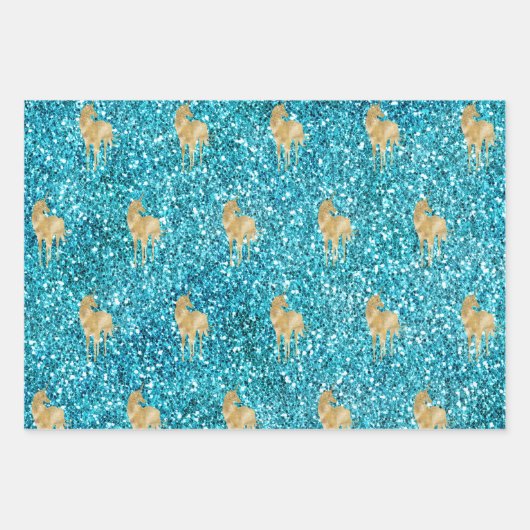 アクア金ゴールドピンクグリッターグラムユニコーンスパークル ラッピングペーパーシート (正面)