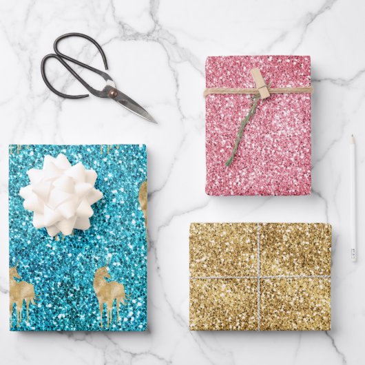 アクア金ゴールドピンクグリッターグラムユニコーンスパークル   ラッピングペーパーシート (正面)