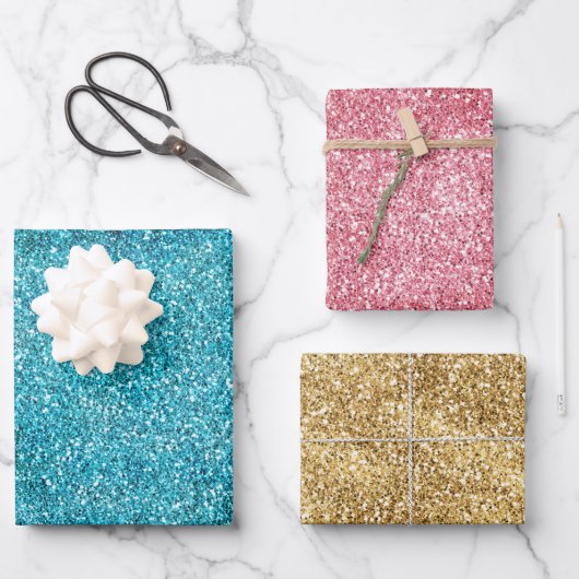 アクア金ゴールドピンクグリッツグリッターユニコーンスパークル ラッピングペーパーシート (正面)