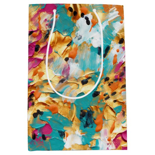 アクア金ゴールドピンクヒョウ絵を描 ミディアムペーパーバッグ (正面)