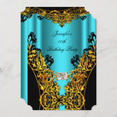 アクア金ゴールドブラックレースダイヤモンドバースデーパーティー 招待状 (正面/裏面)