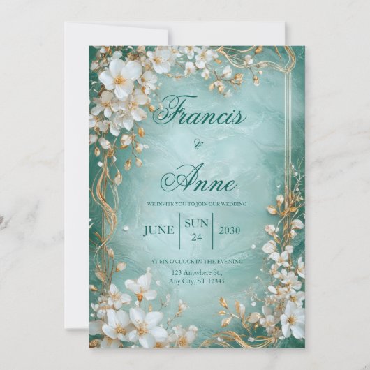 アクア金ゴールドブロッサム結婚式招待状 招待状 (正面)
