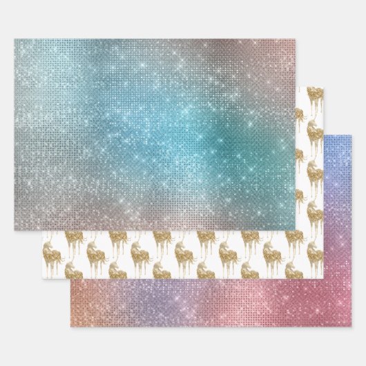 アクア金ゴールドユニコーンスパークル ラッピングペーパーシート (セット)