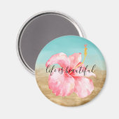 アクア金ゴールド大理石ピンク水カラーハイビスカスフラワー マグネット (正面/裏面)