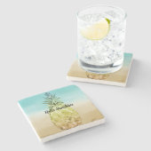 アクア金ゴールド熱帯水色パイナップルグラデーション ストーンコースター (横)