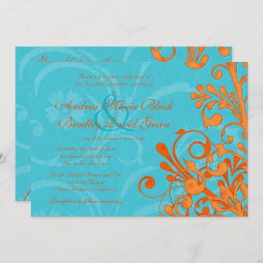アクア鮮やかアンドオレンジフローラ結婚式招待状 招待状 (正面/裏面)