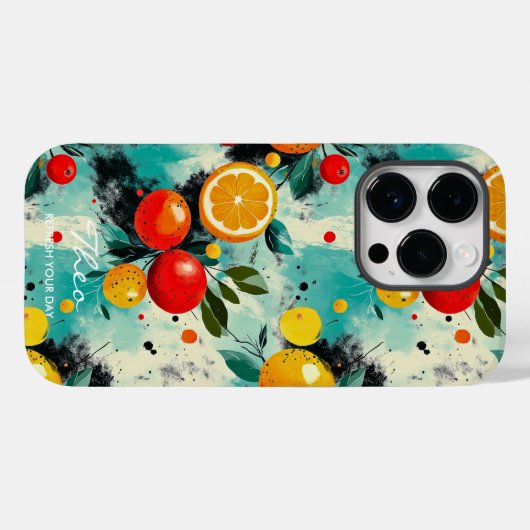 アクア鮮やかバックグラウンドの柑橘類とベリーパターン Case-Mate iPhoneケース (裏面 (横))