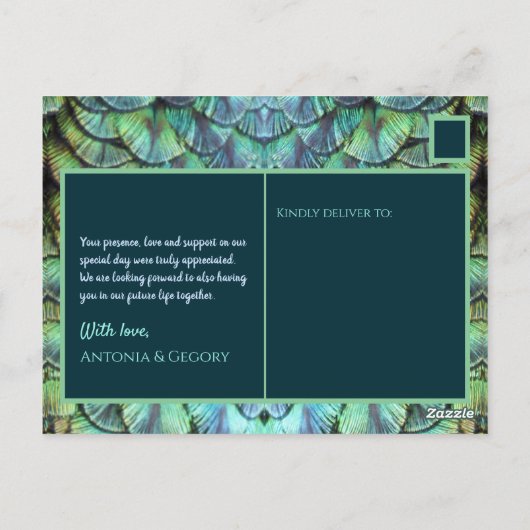 アクア鮮やかピーコッ結婚クの感謝はがき ポストカード (裏面)
