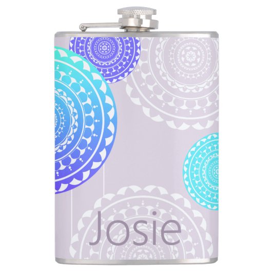 アクア鮮やかブルーランダムマンダラ付きピンクの名前を追加 フラスク (正面)