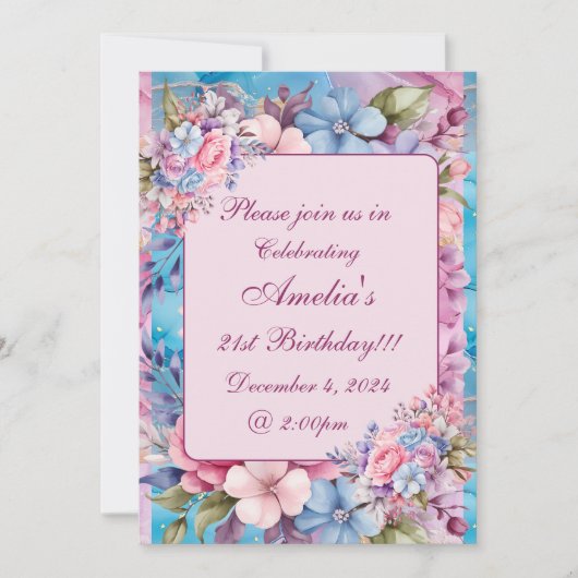 アクア鮮やか&ピンクフローラ誕生日招待状 招待状 (正面)