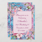 アクア鮮やか&ピンクフローラ誕生日招待状 招待状 (正面/裏面)