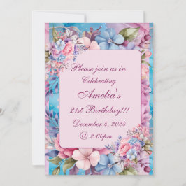 アクア鮮やか&ピンクフローラ誕生日招待状 招待状