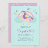 アクア |かわいいレインボーユニコーンパーソナライズされた誕生日 招待状 (正面/裏面)