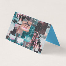 アクア&カラフルピンククリスマスコラージュ折り畳みカード