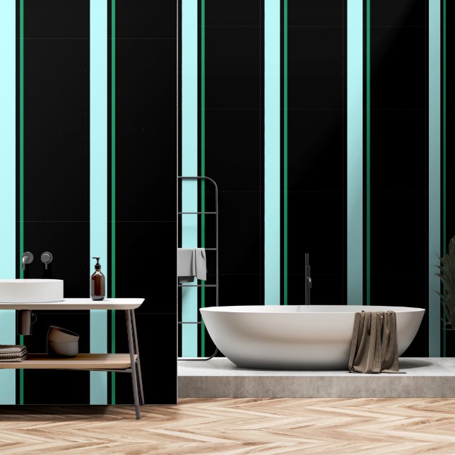 アクア+グリーン垂直ストライプ黒 壁紙 (浴室)