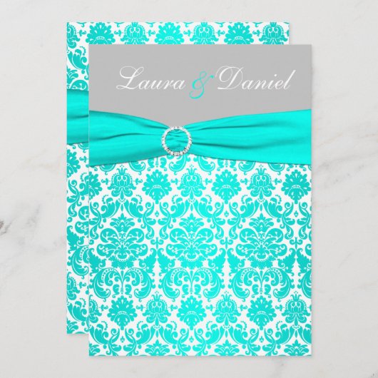 アクア、グレー、ホワイトダマスクの結婚式招待状 招待状 (正面/裏面)