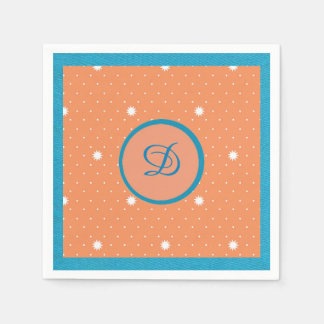 アクア&コーラルモノグラムドカクテルナプキンス スタンダードカクテルナプキン